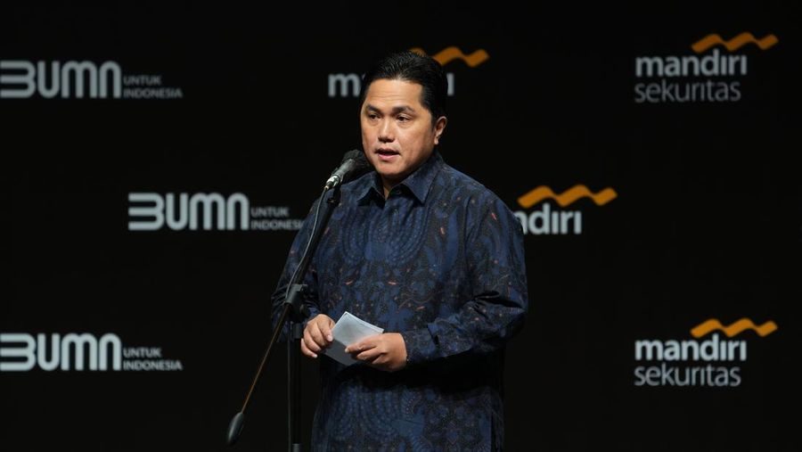Menteri BUMN Erick Thohir di acara Mandiri Investment Forum 2023, Rabu 1/2/2023. (Dimas Ardian/Bloomberg via Getty Images)