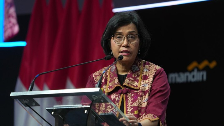 Menteri Keuangan Sri Mulyani di acara Mandiri Investment Forum 2023, Rabu 1/2/2023. Menteri Keuangan Sri Mulyani di acara Mandiri Investment Forum 2023, Rabu 1/2/2023. (Dimas Ardian/Bloomberg via Getty Images)