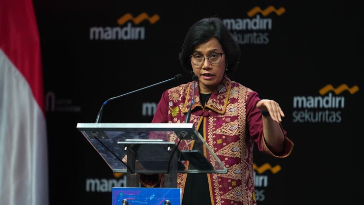 Menteri Keuangan Sri Mulyani di acara Mandiri Investment Forum 2023, Rabu 1/2/2023. Menteri Keuangan Sri Mulyani di acara Mandiri Investment Forum 2023, Rabu 1/2/2023. (Dimas Ardian/Bloomberg via Getty Images)