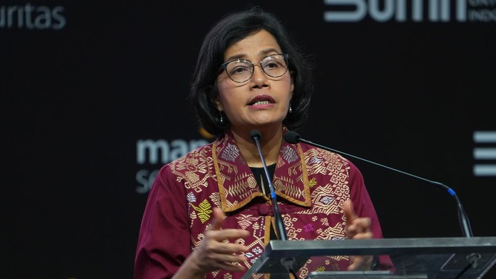 Menteri Keuangan Sri Mulyani di acara Mandiri Investment Forum 2023, Rabu 1/2/2023. Menteri Keuangan Sri Mulyani di acara Mandiri Investment Forum 2023, Rabu 1/2/2023. (Dimas Ardian/Bloomberg via Getty Images)