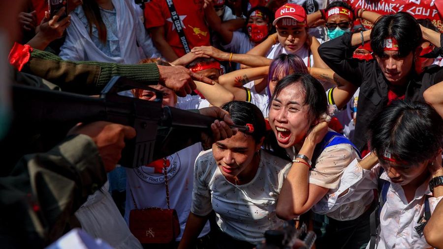 Protesters perform during a demonstration to mark the second anniversary of Myanmar's 2021 military coup, outside the Embassy of Myanmar in Bangkok, Thailand, February 1, 2023. REUTERS/Athit Perawongmetha