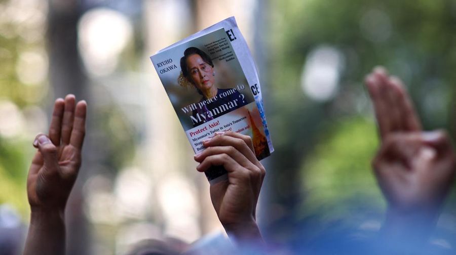 Protesters perform during a demonstration to mark the second anniversary of Myanmar's 2021 military coup, outside the Embassy of Myanmar in Bangkok, Thailand, February 1, 2023. REUTERS/Athit Perawongmetha