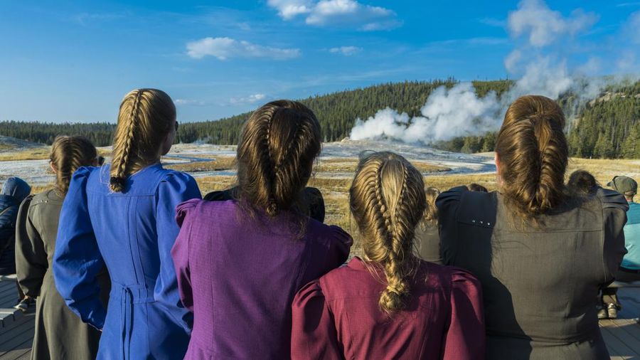 Fundamentalist Church of Jesus Christ of Latter-Day Saints, FLDS Church, Mormon denomination, visiting Old Faithful, Yellowstone National Park. (Photo by: Visions of America/Joe Sohm/Universal Images Group via Getty Images)