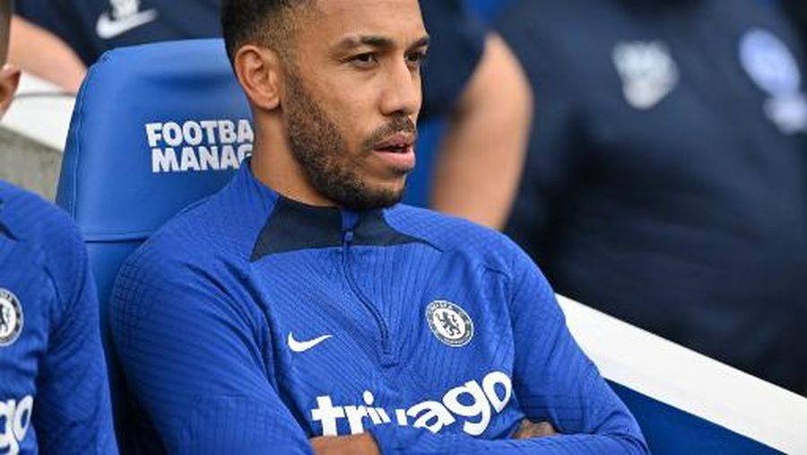 Chelsea's Gabonese striker Pierre-Emerick Aubameyang looks on from the bench ahead of the English Premier League football match between Brighton and Hove Albion and Chelsea at the American Express Community Stadium in Brighton, southern England on October 29, 2022. (Photo by Glyn KIRK / AFP) / RESTRICTED TO EDITORIAL USE. No use with unauthorized audio, video, data, fixture lists, club/league logos or 'live' services. Online in-match use limited to 120 images. An additional 40 images may be used in extra time. No video emulation. Social media in-match use limited to 120 images. An additional 40 images may be used in extra time. No use in betting publications, games or single club/league/player publications. /
