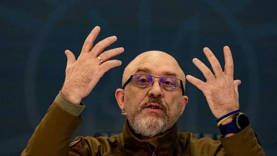 Ukrainian Defence Minister Oleksii Reznikov gestures as he speaks during a press conference in Kyiv on February 5, 2023, amid the Russian invasion of Ukraine. (Photo by Dimitar DILKOFF / AFP)