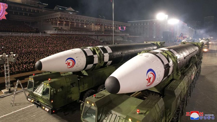 Rudal ditampilkan selama parade militer untuk memperingati 75 tahun berdirinya tentara Korea Utara, di Kim Il Sung Square di Pyongyang, Korea Utara 8 Februari 2023. (KCNA via REUTERS)