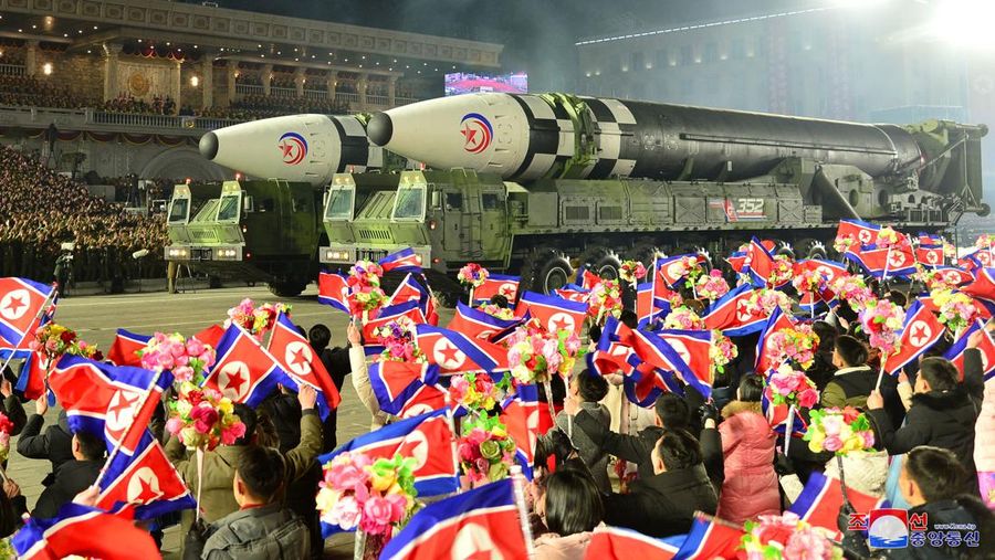 Rudal ditampilkan selama parade militer untuk memperingati 75 tahun berdirinya tentara Korea Utara, di Kim Il Sung Square di Pyongyang, Korea Utara 8 Februari 2023. (KCNA via REUTERS)