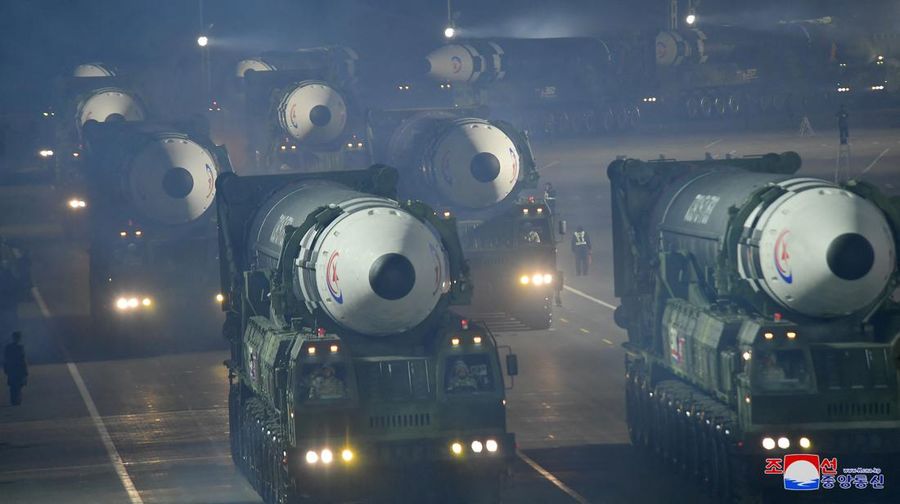 Rudal ditampilkan selama parade militer untuk memperingati 75 tahun berdirinya tentara Korea Utara, di Kim Il Sung Square di Pyongyang, Korea Utara 8 Februari 2023. (KCNA via REUTERS)