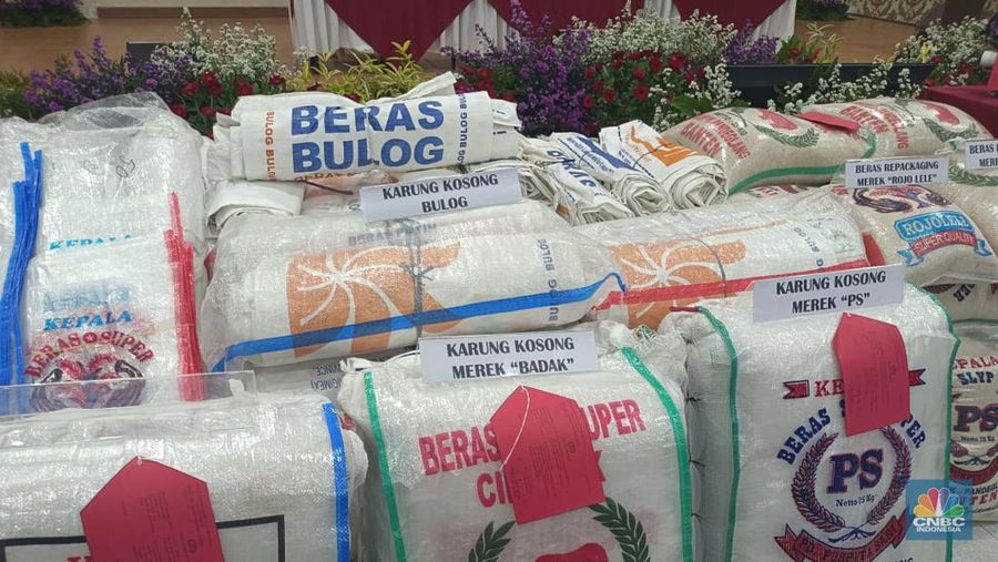 Polda Banten mengamankan barang bukti dugaan penyimpangan distribusi beras impor premium milik Bulog di Polda Banten, Kota Serang, Banten, Jumat (10/2/2023). (CNBC Indonesia/Martyasari Rizky)