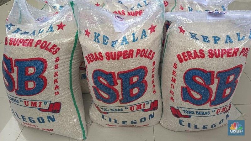 Polda Banten mengamankan barang bukti dugaan penyimpangan distribusi beras impor premium milik Bulog di Polda Banten, Kota Serang, Banten, Jumat (10/2/2023). (CNBC Indonesia/Martyasari Rizky)