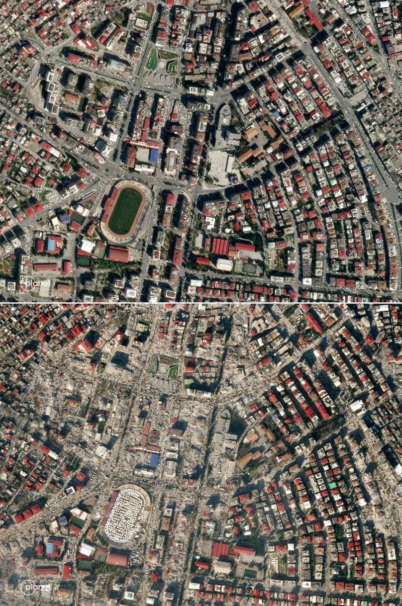 Kombinasi gambar satelit 26 Juli 2022 dan 8 Februari 2023 yang disediakan oleh Maxar Technologies menunjukkan bangunan dan stadion di pusat kota Kahramanmaras, Turki sebelum dan sesudah gempa kuat melanda wilayah tersebut pada Senin, 6 Februari 2023. (Maxar Technologies melalui AP) Kombinasi gambar satelit 26 Juli 2022 dan 8 Februari 2023 yang disediakan oleh Maxar Technologies menunjukkan bangunan dan stadion di pusat kota Kahramanmaras, Turki sebelum dan sesudah gempa kuat melanda wilayah tersebut pada Senin, 6 Februari 2023. (Maxar Technologies melalui AP)