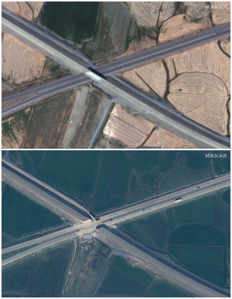 Kombinasi gambar satelit 26 Juli 2022 dan 8 Februari 2023 yang disediakan oleh Maxar Technologies menunjukkan bangunan dan stadion di pusat kota Kahramanmaras, Turki sebelum dan sesudah gempa kuat melanda wilayah tersebut pada Senin, 6 Februari 2023. (Maxar Technologies melalui AP)