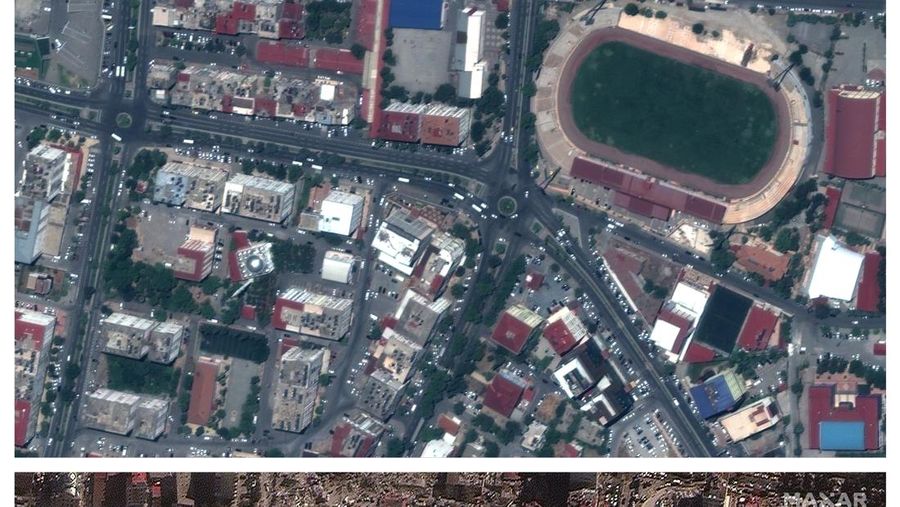 Kombinasi gambar satelit 26 Juli 2022 dan 8 Februari 2023 yang disediakan oleh Maxar Technologies menunjukkan bangunan dan stadion di pusat kota Kahramanmaras, Turki sebelum dan sesudah gempa kuat melanda wilayah tersebut pada Senin, 6 Februari 2023. (Maxar Technologies melalui AP)