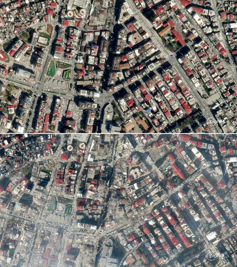 Kombinasi gambar satelit 26 Juli 2022 dan 8 Februari 2023 yang disediakan oleh Maxar Technologies menunjukkan bangunan dan stadion di pusat kota Kahramanmaras, Turki sebelum dan sesudah gempa kuat melanda wilayah tersebut pada Senin, 6 Februari 2023. (Maxar Technologies melalui AP)