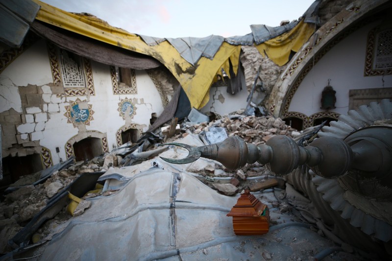 A aerial photograph taken on February 11, 2023 shows the destroyed mosque Habib-i Neccar  in the historic southern city of Antakya. - Rescuers pulled out children on February 10, 2023, from the rubble of the Turkey-Syria earthquake that struck on February 6, 2023, as the toll approached 23,000 and a winter freeze compounded the suffering for nearly one million people estimated to be in urgent need of food. (Photo by Yasin AKGUL / AFP) (Photo by YASIN AKGUL/AFP via Getty Images)