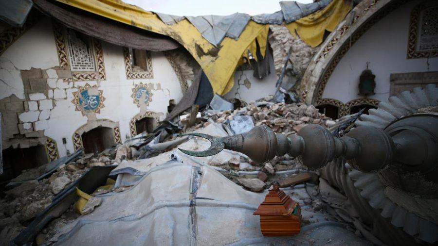 A aerial photograph taken on February 11, 2023 shows the destroyed mosque Habib-i Neccar  in the historic southern city of Antakya. - Rescuers pulled out children on February 10, 2023, from the rubble of the Turkey-Syria earthquake that struck on February 6, 2023, as the toll approached 23,000 and a winter freeze compounded the suffering for nearly one million people estimated to be in urgent need of food. (Photo by Yasin AKGUL / AFP) (Photo by YASIN AKGUL/AFP via Getty Images)