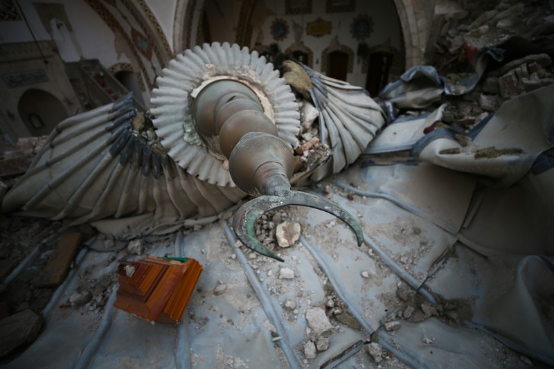 A aerial photograph taken on February 11, 2023 shows the destroyed mosque Habib-i Neccar  in the historic southern city of Antakya. - Rescuers pulled out children on February 10, 2023, from the rubble of the Turkey-Syria earthquake that struck on February 6, 2023, as the toll approached 23,000 and a winter freeze compounded the suffering for nearly one million people estimated to be in urgent need of food. (Photo by Yasin AKGUL / AFP) (Photo by YASIN AKGUL/AFP via Getty Images)