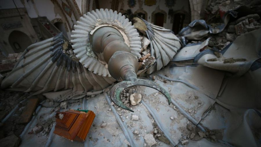 A aerial photograph taken on February 11, 2023 shows the destroyed mosque Habib-i Neccar  in the historic southern city of Antakya. - Rescuers pulled out children on February 10, 2023, from the rubble of the Turkey-Syria earthquake that struck on February 6, 2023, as the toll approached 23,000 and a winter freeze compounded the suffering for nearly one million people estimated to be in urgent need of food. (Photo by Yasin AKGUL / AFP) (Photo by YASIN AKGUL/AFP via Getty Images)