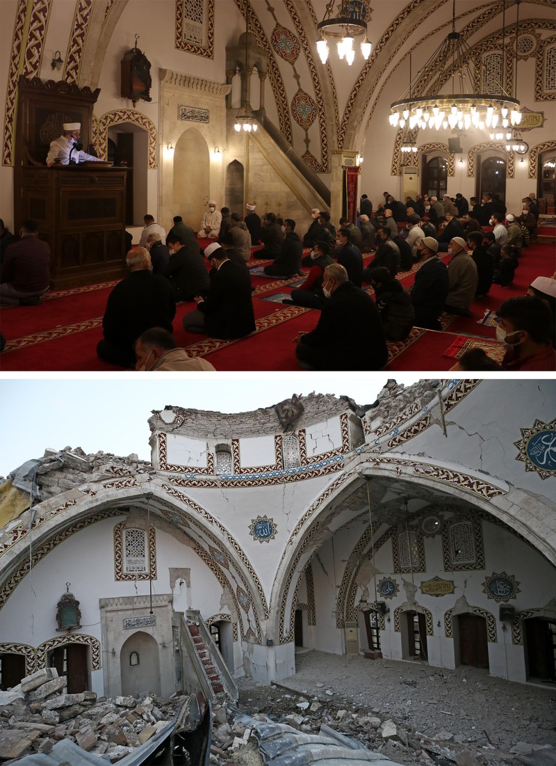 1247021219 A aerial photograph taken on February 11, 2023 shows the destroyed mosque Habib-i Neccar in the historic southern city of Antakya. - Rescuers pulled out children on February 10, 2023, from the rubble of the Turkey-Syria earthquake that struck on February 6, 2023, as the toll approached 23,000 and a winter freeze compounded the suffering for nearly one million people estimated to be in urgent need of food. (Photo by Yasin AKGUL / AFP) (Photo by YASIN AKGUL/AFP via Getty Images)