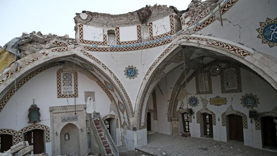 A aerial photograph taken on February 11, 2023 shows the destroyed mosque Habib-i Neccar  in the historic southern city of Antakya. - Rescuers pulled out children on February 10, 2023, from the rubble of the Turkey-Syria earthquake that struck on February 6, 2023, as the toll approached 23,000 and a winter freeze compounded the suffering for nearly one million people estimated to be in urgent need of food. (Photo by Yasin AKGUL / AFP) (Photo by YASIN AKGUL/AFP via Getty Images)
