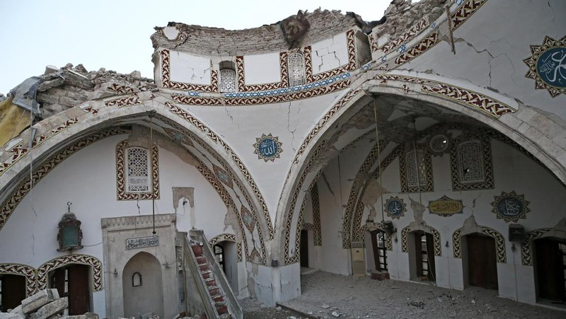 A aerial photograph taken on February 11, 2023 shows the destroyed mosque Habib-i Neccar  in the historic southern city of Antakya. - Rescuers pulled out children on February 10, 2023, from the rubble of the Turkey-Syria earthquake that struck on February 6, 2023, as the toll approached 23,000 and a winter freeze compounded the suffering for nearly one million people estimated to be in urgent need of food. (Photo by Yasin AKGUL / AFP) (Photo by YASIN AKGUL/AFP via Getty Images)
