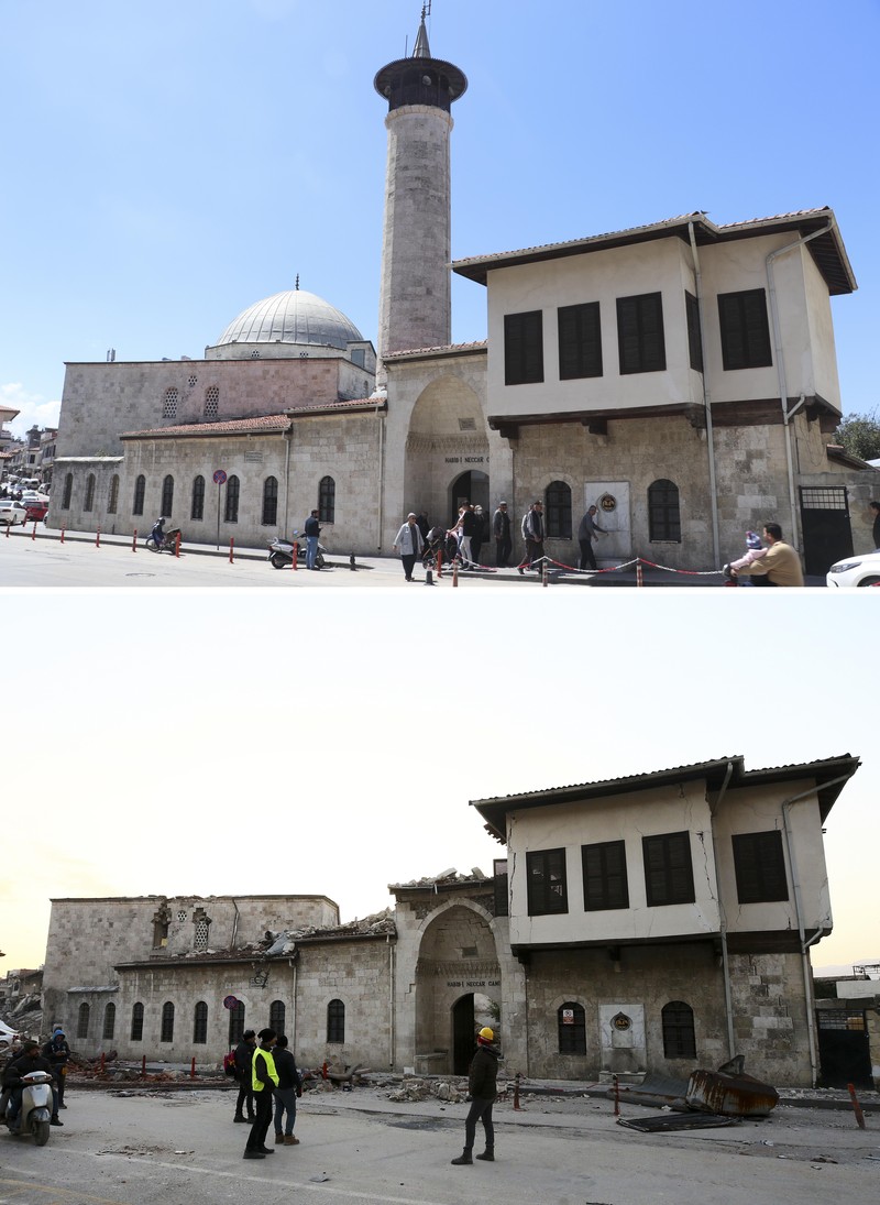 A aerial photograph taken on February 11, 2023 shows the destroyed mosque Habib-i Neccar  in the historic southern city of Antakya. - Rescuers pulled out children on February 10, 2023, from the rubble of the Turkey-Syria earthquake that struck on February 6, 2023, as the toll approached 23,000 and a winter freeze compounded the suffering for nearly one million people estimated to be in urgent need of food. (Photo by Yasin AKGUL / AFP) (Photo by YASIN AKGUL/AFP via Getty Images)