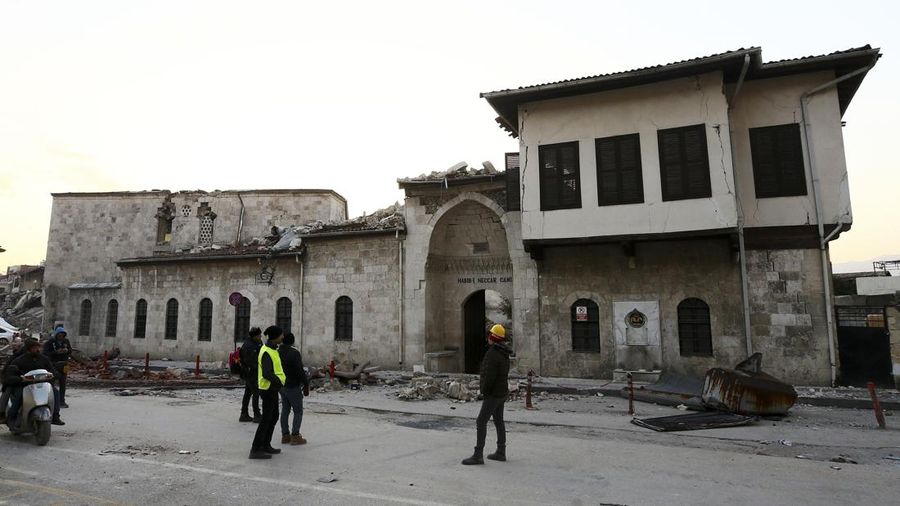 A aerial photograph taken on February 11, 2023 shows the destroyed mosque Habib-i Neccar  in the historic southern city of Antakya. - Rescuers pulled out children on February 10, 2023, from the rubble of the Turkey-Syria earthquake that struck on February 6, 2023, as the toll approached 23,000 and a winter freeze compounded the suffering for nearly one million people estimated to be in urgent need of food. (Photo by Yasin AKGUL / AFP) (Photo by YASIN AKGUL/AFP via Getty Images)