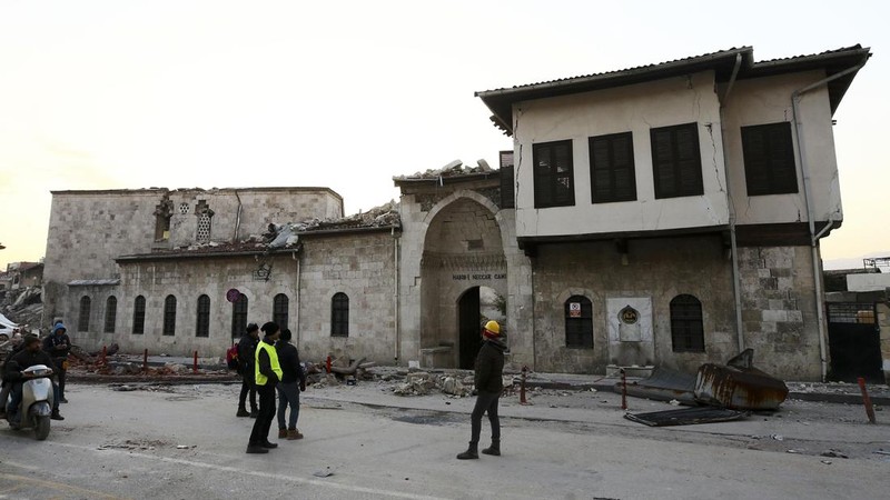 A aerial photograph taken on February 11, 2023 shows the destroyed mosque Habib-i Neccar  in the historic southern city of Antakya. - Rescuers pulled out children on February 10, 2023, from the rubble of the Turkey-Syria earthquake that struck on February 6, 2023, as the toll approached 23,000 and a winter freeze compounded the suffering for nearly one million people estimated to be in urgent need of food. (Photo by Yasin AKGUL / AFP) (Photo by YASIN AKGUL/AFP via Getty Images)