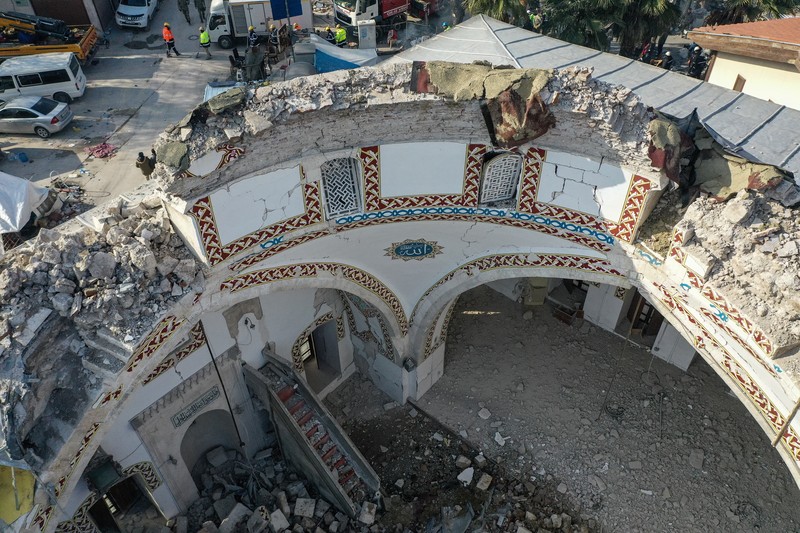 A aerial photograph taken on February 11, 2023 shows the destroyed mosque Habib-i Neccar  in the historic southern city of Antakya. - Rescuers pulled out children on February 10, 2023, from the rubble of the Turkey-Syria earthquake that struck on February 6, 2023, as the toll approached 23,000 and a winter freeze compounded the suffering for nearly one million people estimated to be in urgent need of food. (Photo by Yasin AKGUL / AFP) (Photo by YASIN AKGUL/AFP via Getty Images)