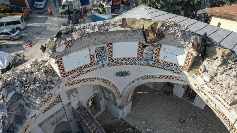 A aerial photograph taken on February 11, 2023 shows the destroyed mosque Habib-i Neccar  in the historic southern city of Antakya. - Rescuers pulled out children on February 10, 2023, from the rubble of the Turkey-Syria earthquake that struck on February 6, 2023, as the toll approached 23,000 and a winter freeze compounded the suffering for nearly one million people estimated to be in urgent need of food. (Photo by Yasin AKGUL / AFP) (Photo by YASIN AKGUL/AFP via Getty Images)