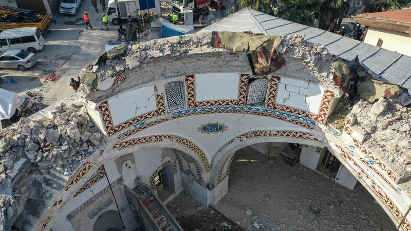 A aerial photograph taken on February 11, 2023 shows the destroyed mosque Habib-i Neccar  in the historic southern city of Antakya. - Rescuers pulled out children on February 10, 2023, from the rubble of the Turkey-Syria earthquake that struck on February 6, 2023, as the toll approached 23,000 and a winter freeze compounded the suffering for nearly one million people estimated to be in urgent need of food. (Photo by Yasin AKGUL / AFP) (Photo by YASIN AKGUL/AFP via Getty Images)