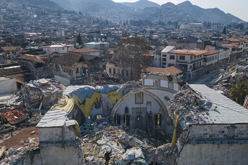 A aerial photograph taken on February 11, 2023 shows the destroyed mosque Habib-i Neccar  in the historic southern city of Antakya. - Rescuers pulled out children on February 10, 2023, from the rubble of the Turkey-Syria earthquake that struck on February 6, 2023, as the toll approached 23,000 and a winter freeze compounded the suffering for nearly one million people estimated to be in urgent need of food. (Photo by Yasin AKGUL / AFP) (Photo by YASIN AKGUL/AFP via Getty Images)