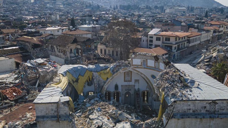 A aerial photograph taken on February 11, 2023 shows the destroyed mosque Habib-i Neccar  in the historic southern city of Antakya. - Rescuers pulled out children on February 10, 2023, from the rubble of the Turkey-Syria earthquake that struck on February 6, 2023, as the toll approached 23,000 and a winter freeze compounded the suffering for nearly one million people estimated to be in urgent need of food. (Photo by Yasin AKGUL / AFP) (Photo by YASIN AKGUL/AFP via Getty Images)