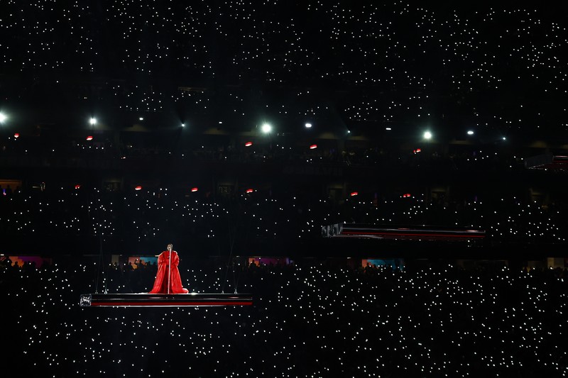 GLENDALE, ARIZONA - FEBRUARY 12: Rihanna performs onstage during the Apple Music Super Bowl LVII Halftime Show at State Farm Stadium on February 12, 2023 in Glendale, Arizona. (Photo by Gregory Shamus/Getty Images)