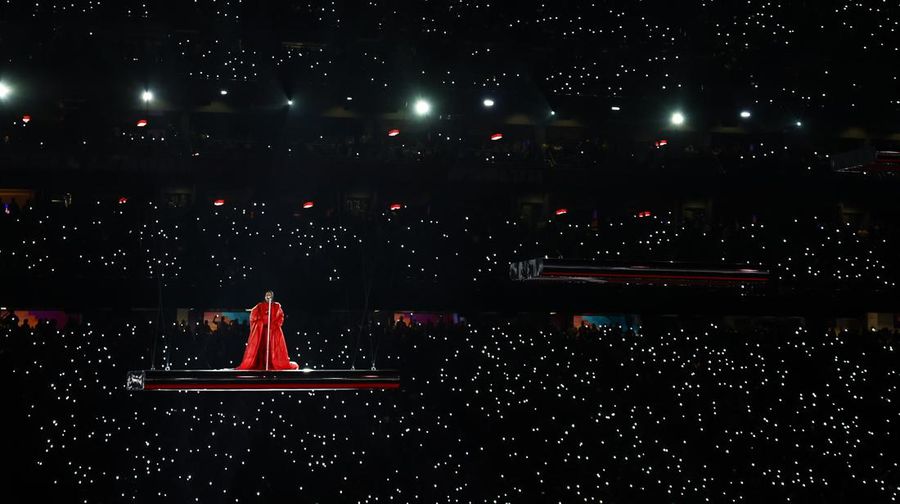 GLENDALE, ARIZONA - FEBRUARY 12: Rihanna performs onstage during the Apple Music Super Bowl LVII Halftime Show at State Farm Stadium on February 12, 2023 in Glendale, Arizona. (Photo by Gregory Shamus/Getty Images)
