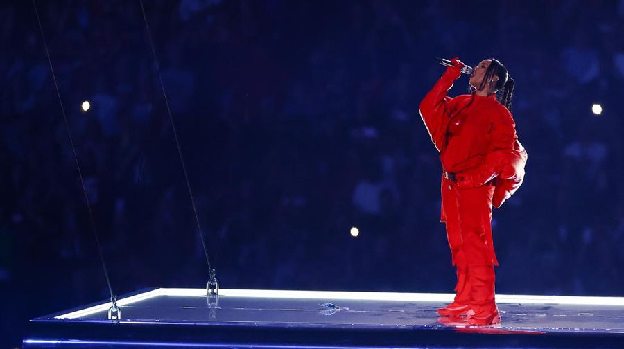 GLENDALE, ARIZONA - FEBRUARY 12: Rihanna performs onstage during the Apple Music Super Bowl LVII Halftime Show at State Farm Stadium on February 12, 2023 in Glendale, Arizona. (Photo by Gregory Shamus/Getty Images)
