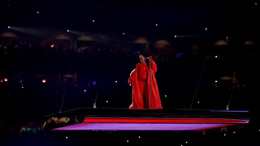 GLENDALE, ARIZONA - FEBRUARY 12: Rihanna performs onstage during the Apple Music Super Bowl LVII Halftime Show at State Farm Stadium on February 12, 2023 in Glendale, Arizona. (Photo by Gregory Shamus/Getty Images)
