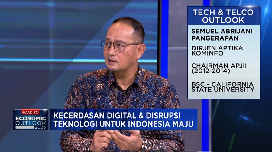 Direktorat Jendral Aplikasi Informatika Kementerian Komunikasi dan Informatika Samuel Abrijani Pangerapan, dalam acara Tech & Telco Outloock 2023 dengan tema Kecerdasan Digital, Disrupsi Teknologi untuk Indonesia Maju pada Selasa, (14/2/2023). (Tangkapan Layar CNBC Indonesia TV)