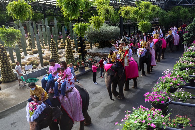 Pasangan menunggangi gajah dalam perayaan Hari Valentine, di Taman Tropis Nong Nooch di provinsi Chonburi, Thailand, 14 Februari 2023. Pasangan menunggangi gajah dalam perayaan Hari Valentine, di Taman Tropis Nong Nooch di provinsi Chonburi, Thailand, 14 Februari 2023. (REUTERS/Athit Perawongmetha)
