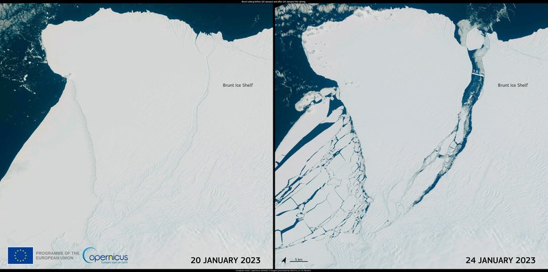 Pemandangan udara dari gunung es, hampir seukuran London Raya, yang telah pecah dari Beting Es Brunt setebal 150m digambarkan di Coats Land, Antartika, 24 Januari 2023. Pemandangan udara dari gunung es, hampir seukuran London Raya, yang telah pecah dari Beting Es Brunt setebal 150m digambarkan di Coats Land, Antartika, 24 Januari 2023. (European Union/Copernicus Sentinel-2 Imagery/Processed by DG DEFIS/Handout via REUTERS)