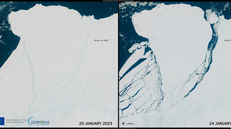 Pemandangan udara dari gunung es, hampir seukuran London Raya, yang telah pecah dari Beting Es Brunt setebal 150m digambarkan di Coats Land, Antartika, 24 Januari 2023. (European Union/Copernicus Sentinel-2 Imagery/Processed by DG DEFIS/Handout via REUTERS)
