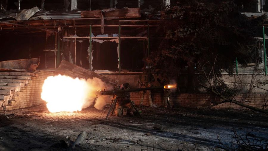 Ukrainian service members fire a SPG-9 anti-tank grenade launcher toward Russian troops in the frontline town of Bakhmut, amid Russia’s attack on Ukraine, in Donetsk region, Ukraine, in this handout picture released February 13, 2023. Iryna Rybakova/Press Service of the 93rd Independent Kholodnyi Yar Mechanized Brigade of the Ukrainian Armed Forces/Handout via REUTERS ATTENTION EDITORS - THIS IMAGE HAS BEEN SUPPLIED BY A THIRD PARTY.