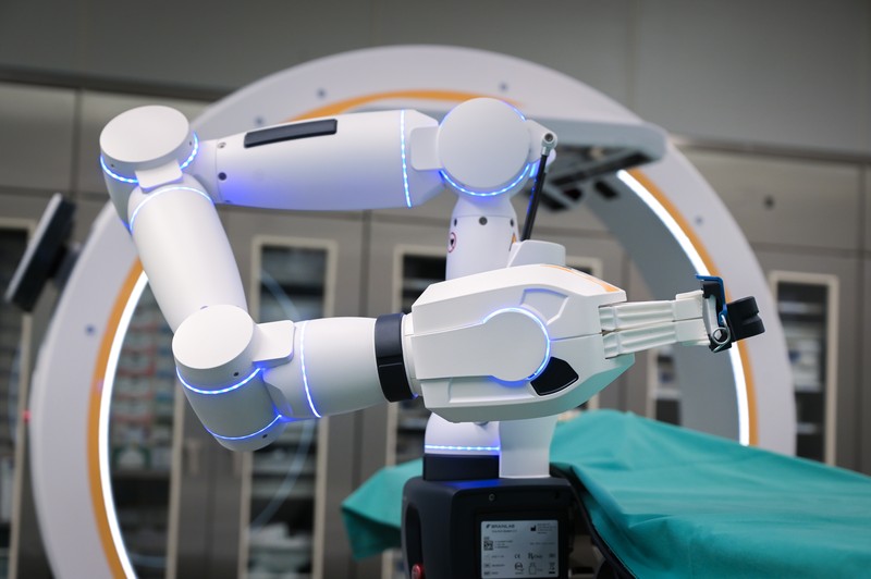15 February 2023, Saxony-Anhalt, Halle (Saale): A robotic arm as a new assistant in the operating room. The Bergmannstrost Hospital in Halle is putting a new robotic surgical operating system into operation. It also features a 3D imaging robot and a digital navigation system. Photo: Heiko Rebsch/dpa (Photo by Heiko Rebsch/picture alliance via Getty Images)