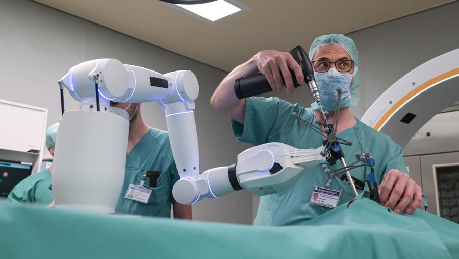 15 February 2023, Saxony-Anhalt, Halle (Saale): A robotic arm as a new assistant in the operating room. The Bergmannstrost Hospital in Halle is putting a new robotic surgical operating system into operation. It also features a 3D imaging robot and a digital navigation system. Photo: Heiko Rebsch/dpa (Photo by Heiko Rebsch/picture alliance via Getty Images)
