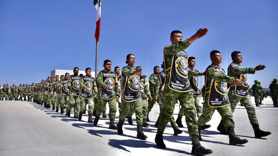 Soldiers do an honor guard during the homage to rescue dog Proteo, who died during the rescue efforts in the town of Adiyaman, Turkey, at the Santa Lucia Air Force Base in Zumpango, Mexico, February 16, 2023. National Defense Secretary (SEDENA)/Handout via REUTERS THIS IMAGE HAS BEEN SUPPLIED BY A THIRD PARTY. NO RESALES. NO ARCHIVES