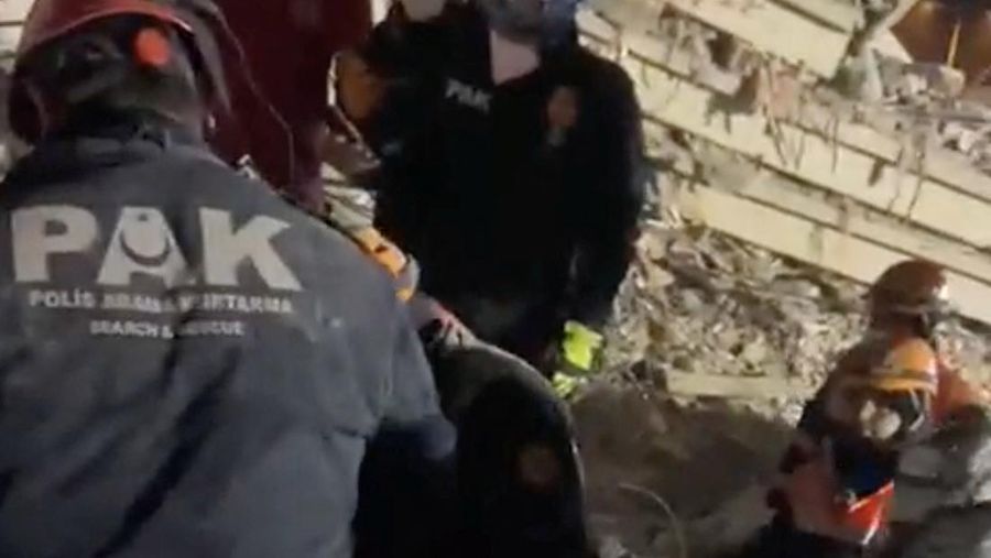 Members of the Polis Arama Kurtarma (PAK) work as they rescue a 12-year-old boy from the rubble of a collapsed building, in the aftermath of a deadly earthquake, in Hatay, Turkey February 17, 2023, in this still image obtained from a social media video. Courtesy of Turkish Police Service via Twitter/via REUTERS  THIS IMAGE HAS BEEN SUPPLIED BY A THIRD PARTY. MANDATORY CREDIT.