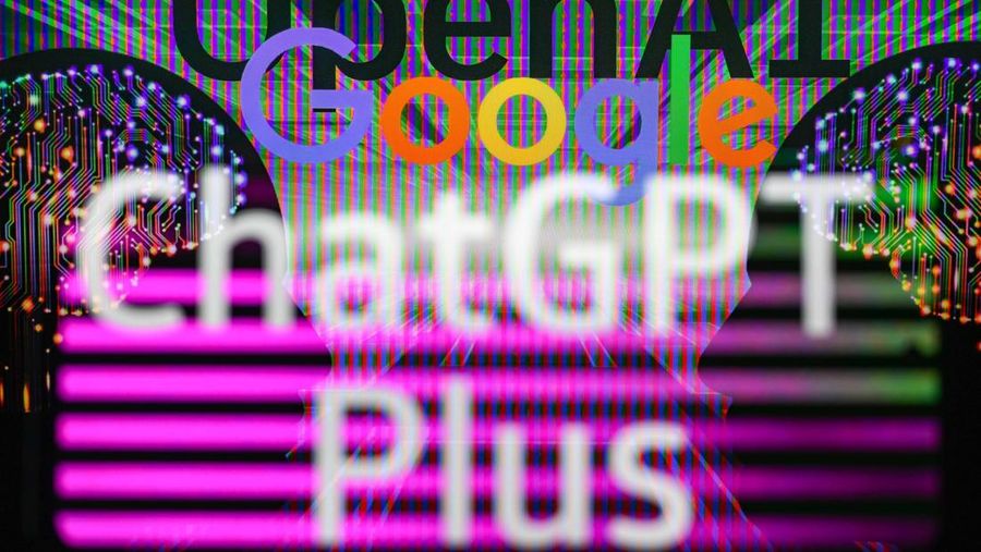 OpenAI - Google   displayed on screen with ChatGPT double photo exposure on mobile, seen in this photo illustration. On 17 February 2023 in Brussels, Belgium.(Photo illustration by Jonathan Raa/NurPhoto via Getty Images)