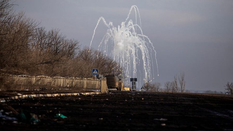 FILE PHOTO: An explosion is seen on a road outside the frontline town of Bakhmut, amid Russia's attack on Ukraine, in Donetsk region, Ukraine February 10, 2023. REUTERS/Yevhenii Zavhorodnii/File Photo