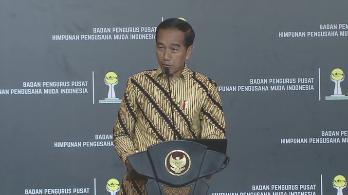 Presiden Jokowi dalam Pelantikan Badan Pengurus Pusat Himpunan Pengusaha Muda Indonesia Masa Bakti 2022-2025. Presiden Jokowi dalam Pelantikan Badan Pengurus Pusat Himpunan Pengusaha Muda Indonesia Masa Bakti 2022-2025. (Tangkapan Layar Youtube HIPMI TV)