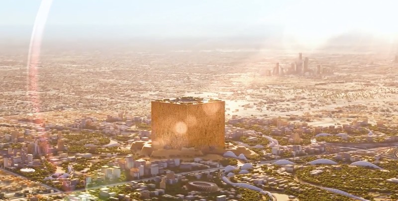 The Mukaab Putra Mahkota Saudi Mohammed bin Salman (MbS) akan membangun gedung raksasa berbentuk kubus atau The Mukaab yang dikritik sejumlah pihak sebagai Ka'bah baru. (Tangkapan layar newmurabba.com)